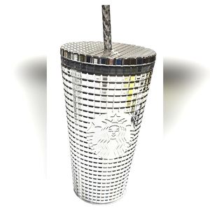 NWT Starbucks 2023 Holiday Metallic Mirror Silver Grid Disco Grande 16 oz